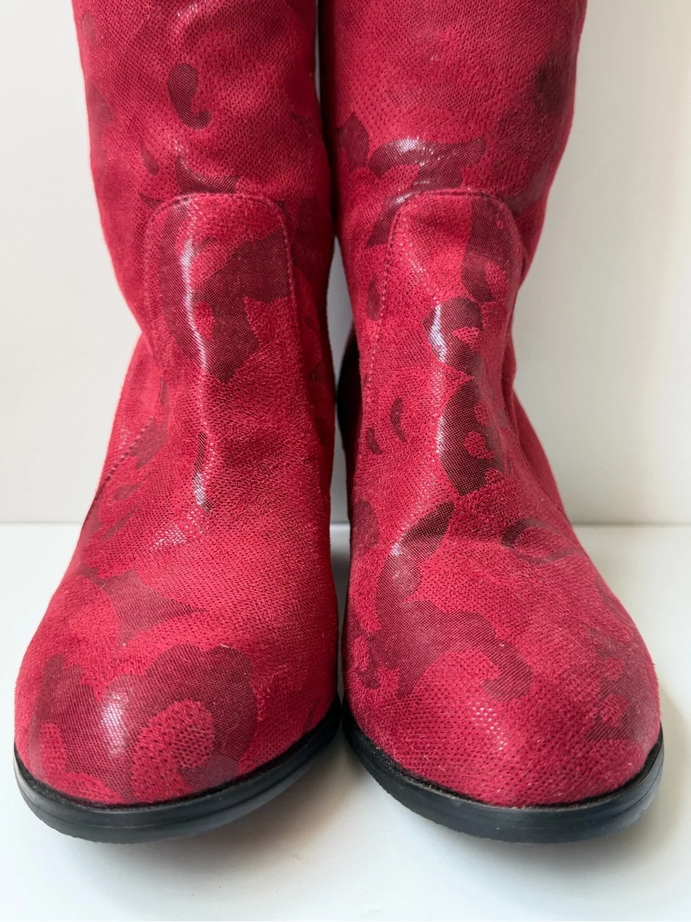 Women US 9 EU 39 Red Leather Knee High Riding Boots Floral Round Toe Zip